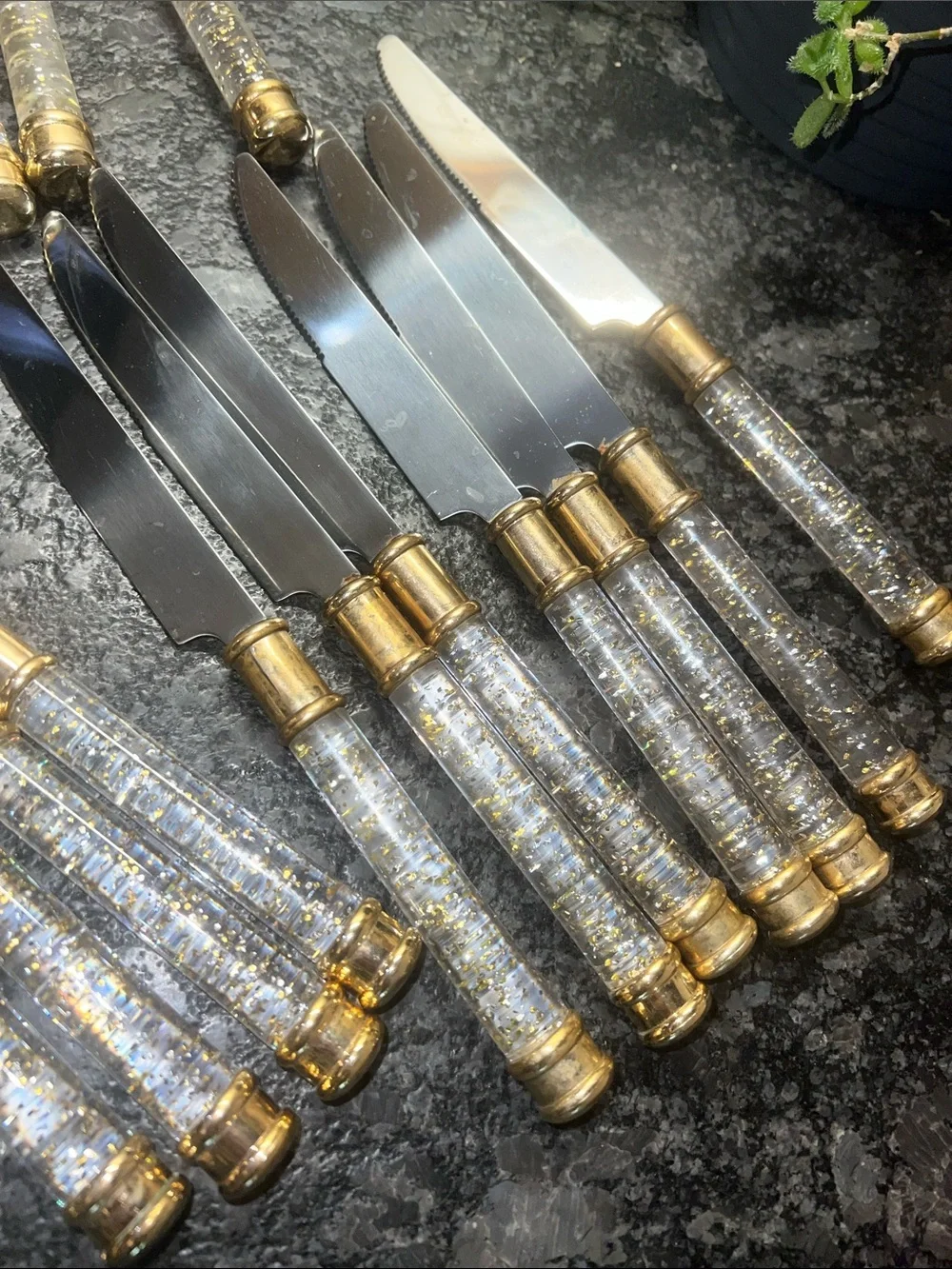 34 pieces MCM Stainless Lucite Handle with Gold Accent Flatware Set -